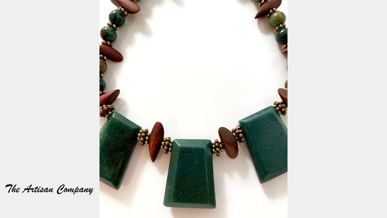 Green Agate Stone Necklace with Jasper and Wood