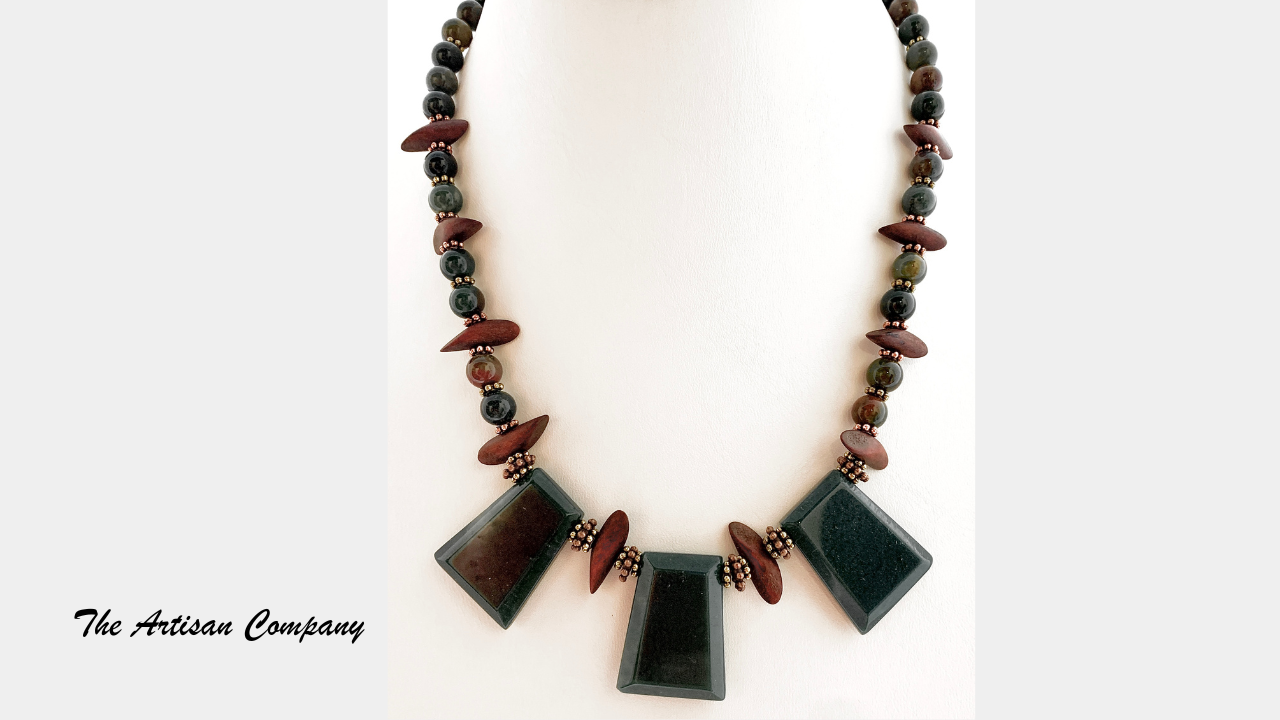 Green Agate Stone Necklace with Jasper and Wood