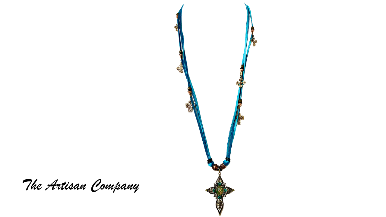 Jeweled Cross and Leather Necklace