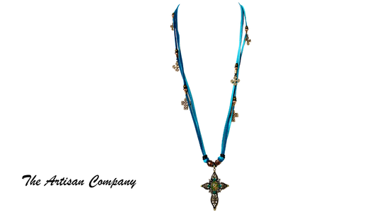 Jeweled Cross and Leather Necklace