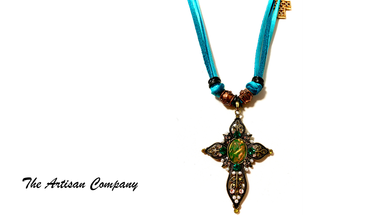 Jeweled Cross and Leather Necklace