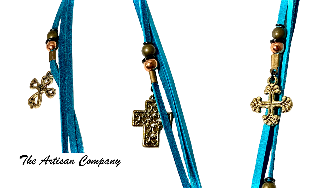 Jeweled Cross and Leather Necklace