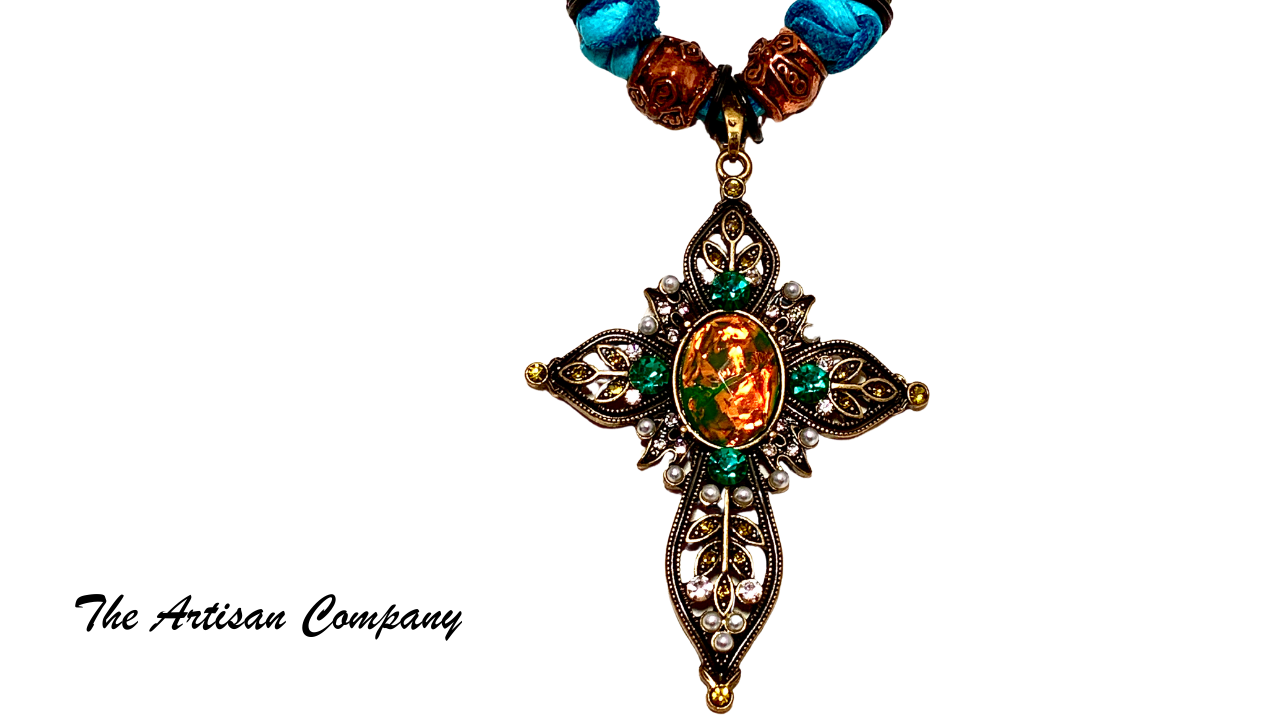 Jeweled Cross and Leather Necklace