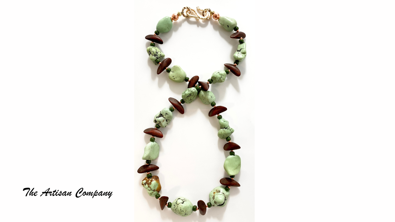 Large Chunky Light Green Turquoise Necklace with Wood