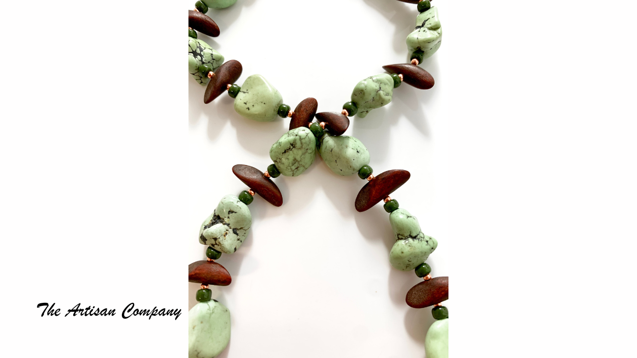 Large Chunky Light Green Turquoise Necklace with Wood