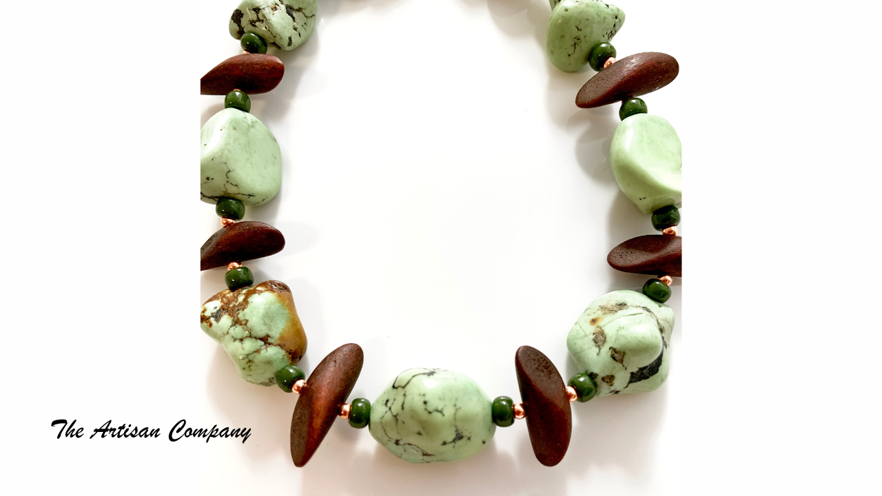 Large Chunky Light Green Turquoise Necklace with Wood