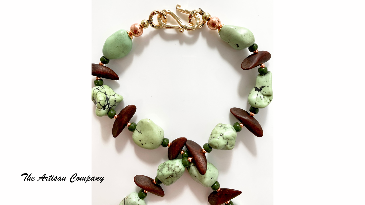 Large Chunky Light Green Turquoise Necklace with Wood