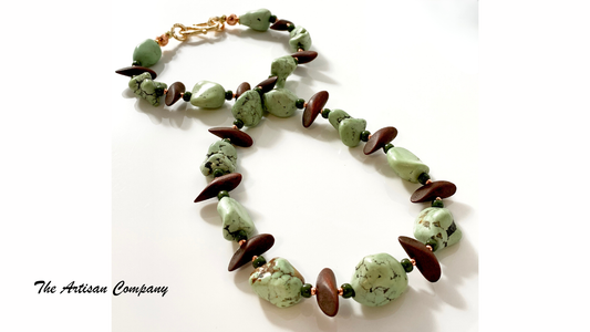 Large Chunky Light Green Turquoise Necklace with Wood