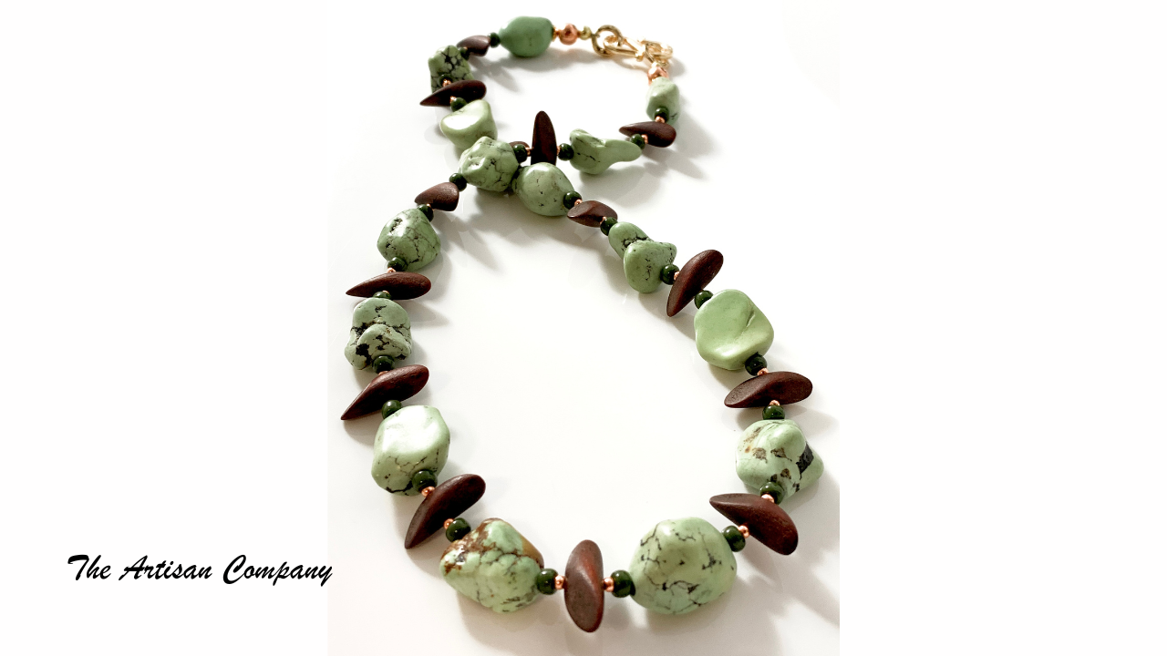 Large Chunky Light Green Turquoise Necklace with Wood