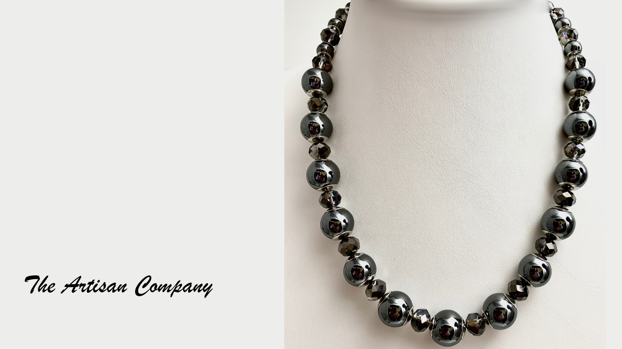 Large Hematite Stone and Czech Cut Glass Necklace