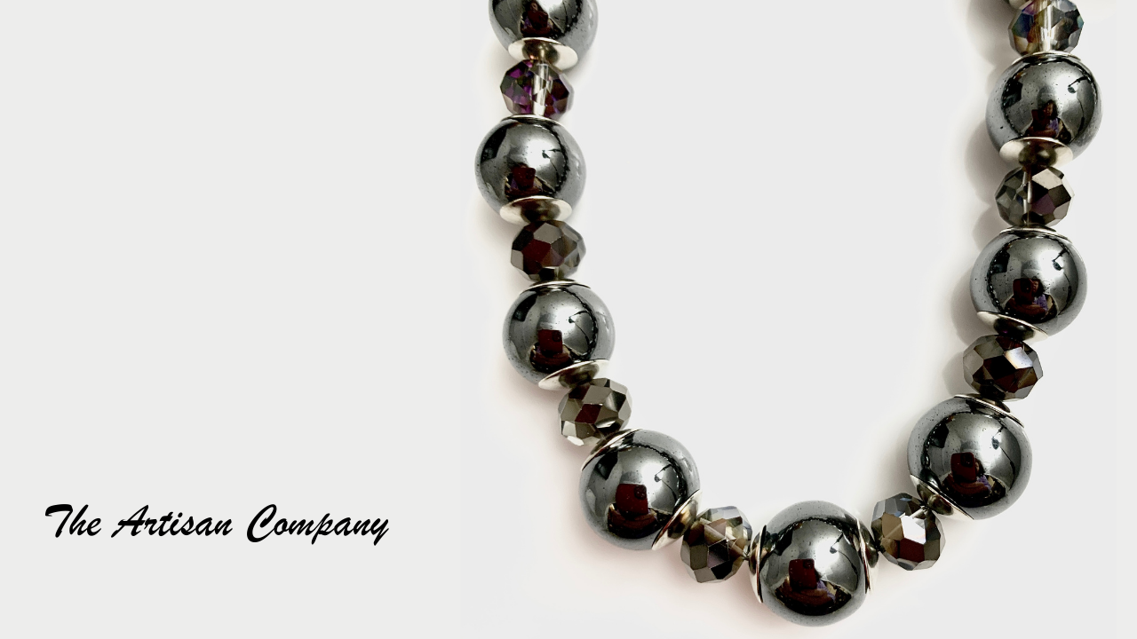 Large Hematite Stone and Czech Cut Glass Necklace