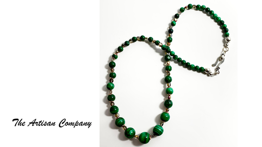 Malachite and Czech Cut Glass Necklace with Earrings