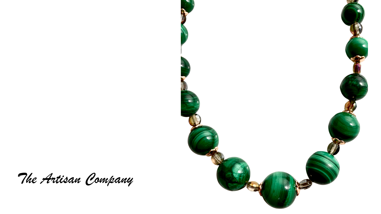 Malachite and Czech Cut Glass Necklace with Earrings