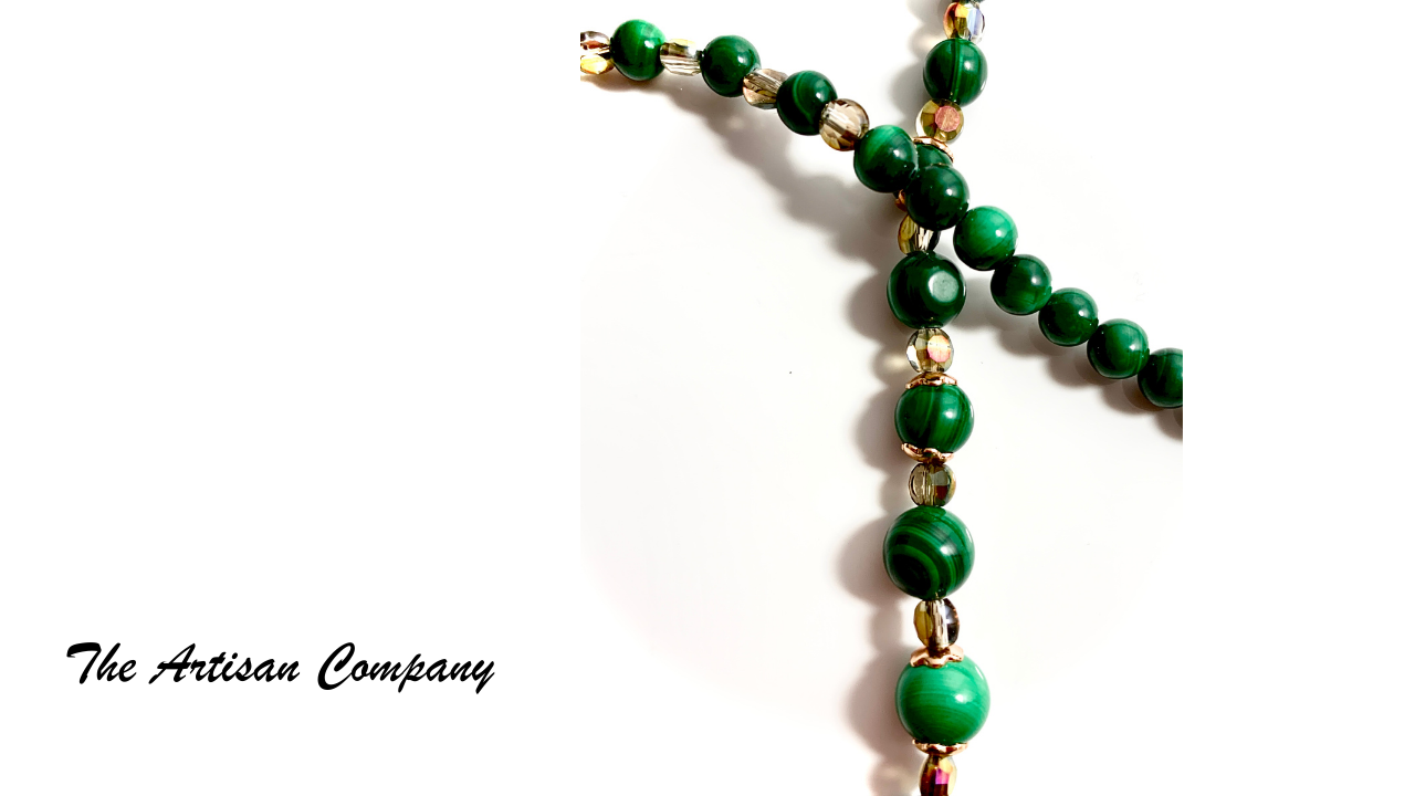 Malachite and Czech Cut Glass Necklace with Earrings