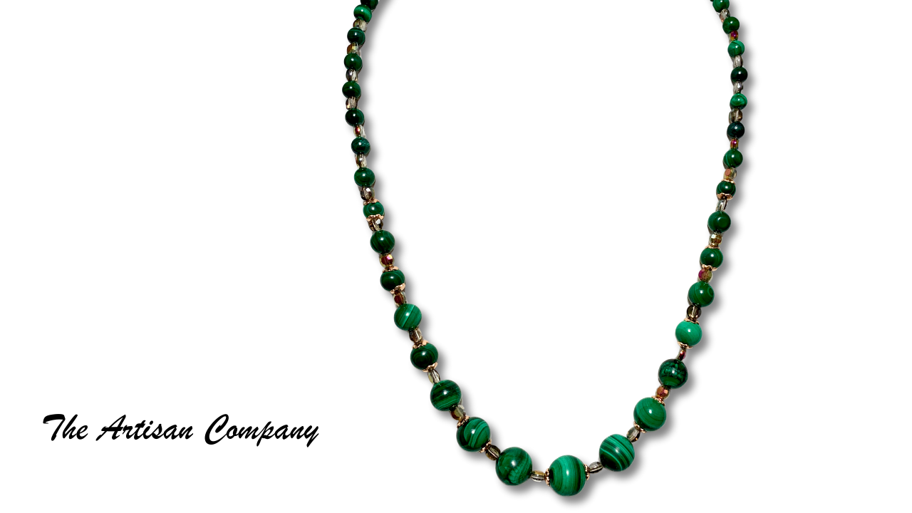 Malachite and Czech Cut Glass Necklace with Earrings