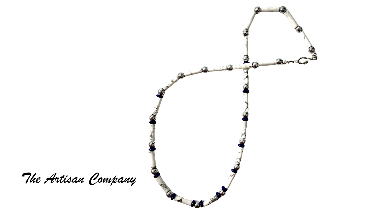 Mens White Howlite and Hematite Stone Necklace