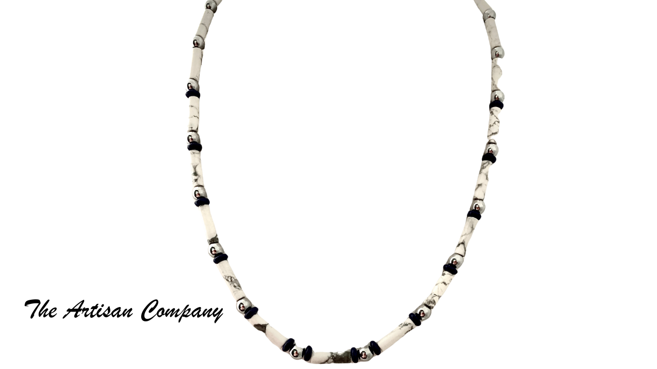 Mens White Howlite and Hematite Stone Necklace