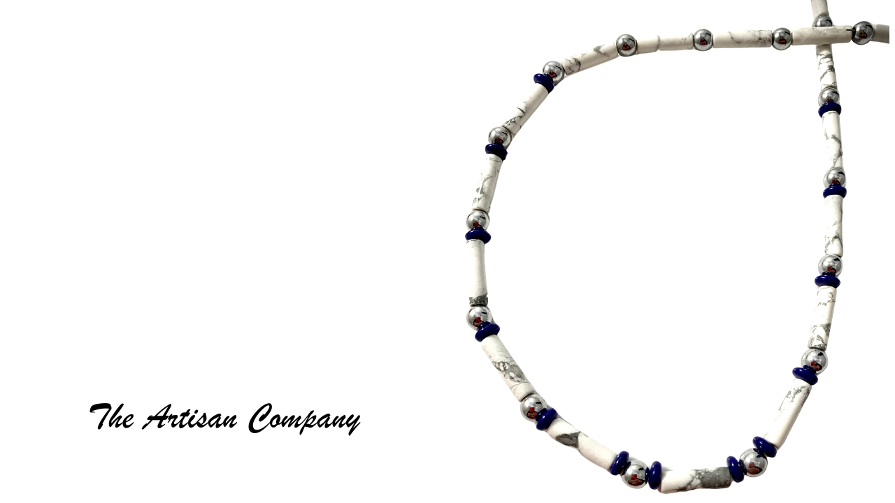 Mens White Howlite and Hematite Stone Necklace