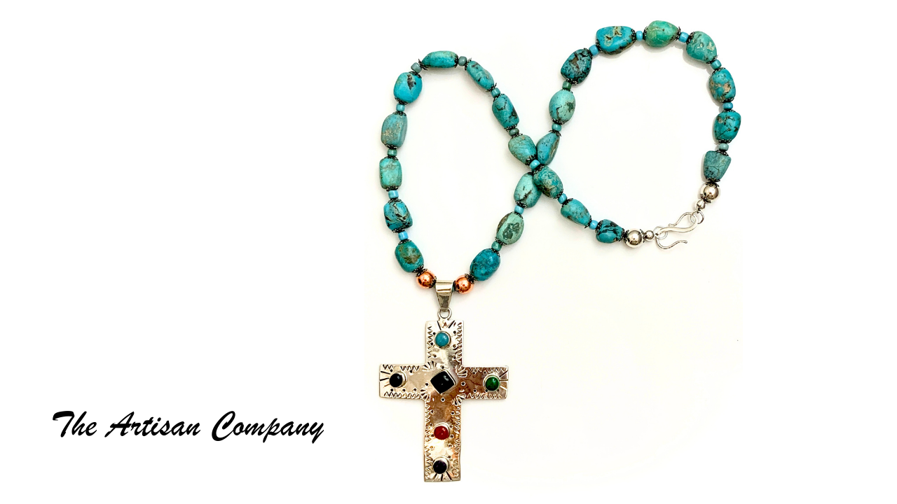 Natural Chunky Nacozari Turquoise Necklace with Sterling Cross w/ Earrings