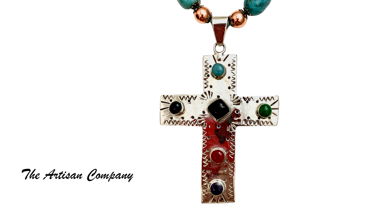 Natural Chunky Nacozari Turquoise Necklace with Sterling Cross w/ Earrings