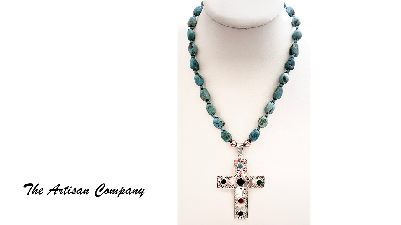 Natural Chunky Nacozari Turquoise Necklace with Sterling Cross w/ Earrings