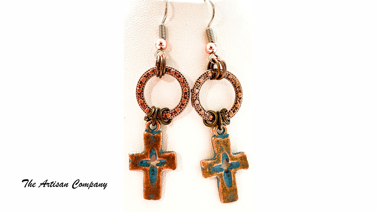 Patina Copper Cross & Hoop Earrings