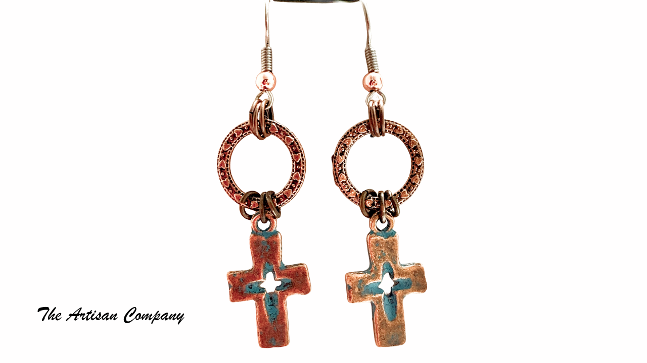 Patina Copper Cross & Hoop Earrings