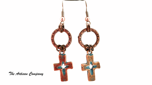 Patina Copper Cross & Hoop Earrings