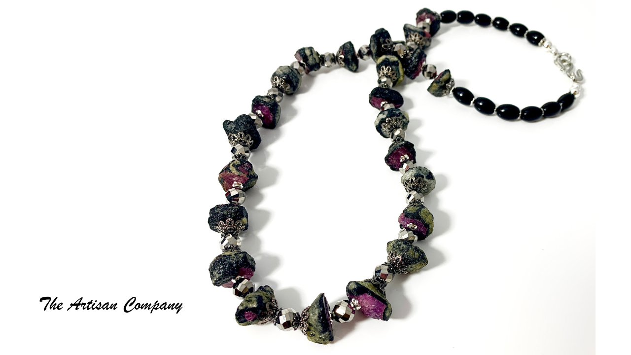 Raw Ruby & Cut Glass Necklace with Earrings