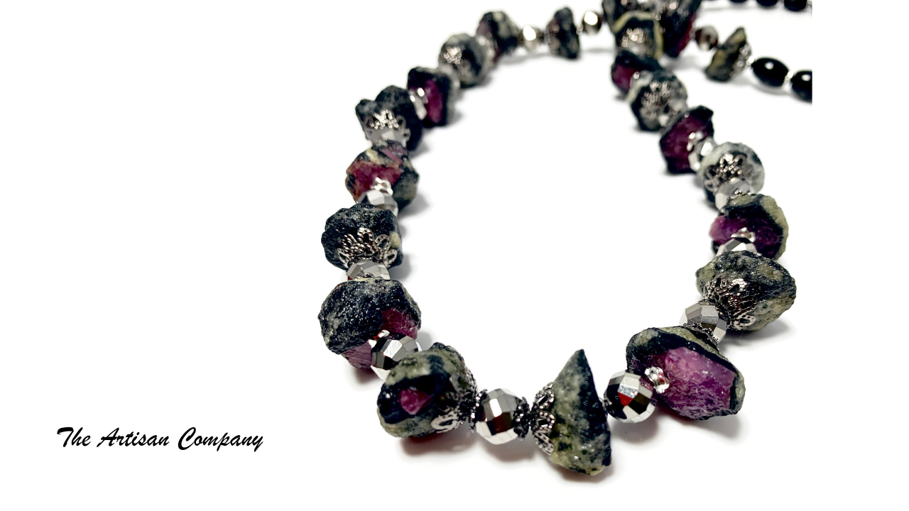 Raw Ruby & Cut Glass Necklace with Earrings