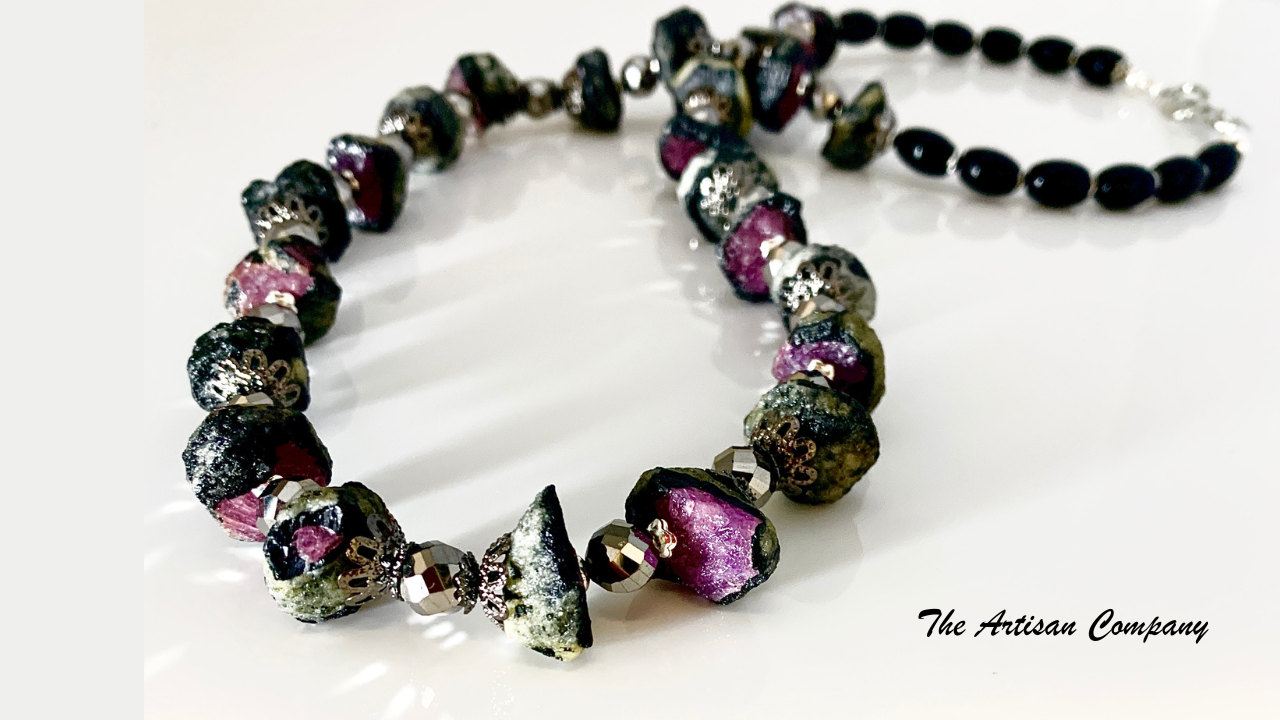 Raw Ruby & Cut Glass Necklace with Earrings