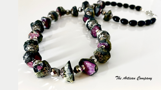 Raw Ruby & Cut Glass Necklace with Earrings