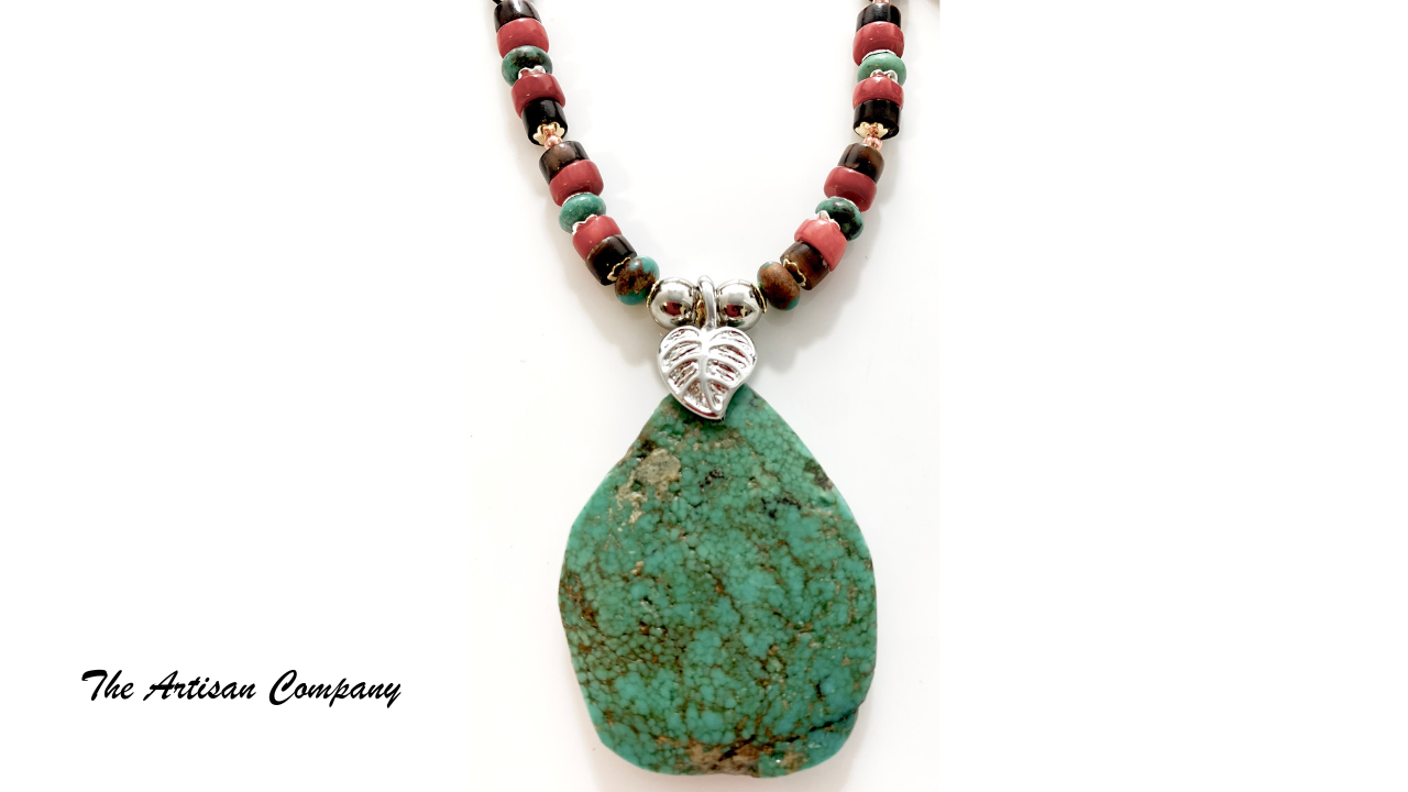 Red Coral Penshell and Turquoise Slab Necklace