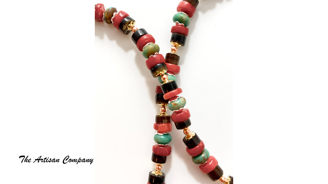 Red Coral Penshell and Turquoise Slab Necklace