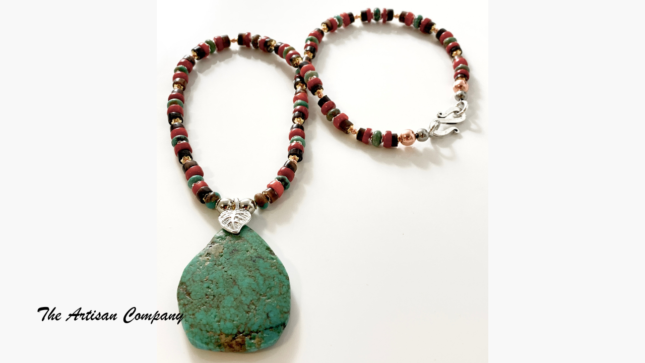 Red Coral Penshell and Turquoise Slab Necklace