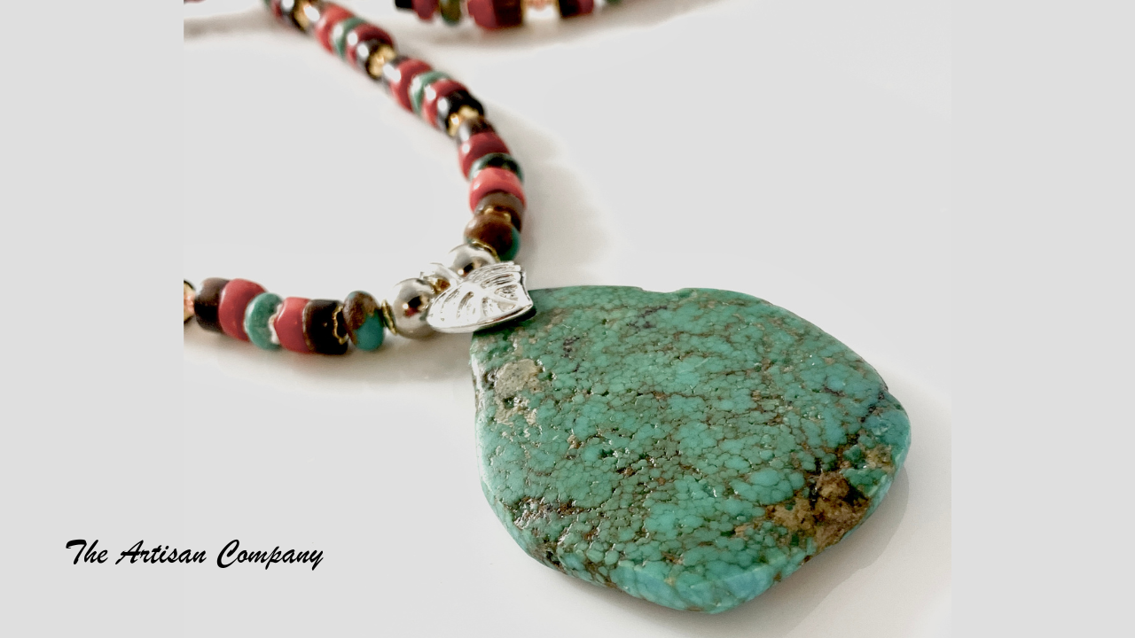 Red Coral Penshell and Turquoise Slab Necklace