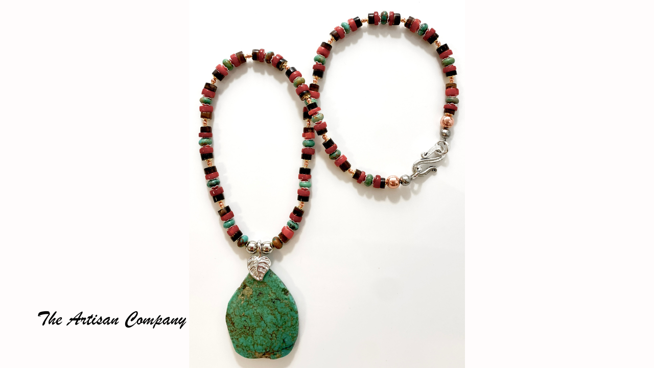 Red Coral Penshell and Turquoise Slab Necklace