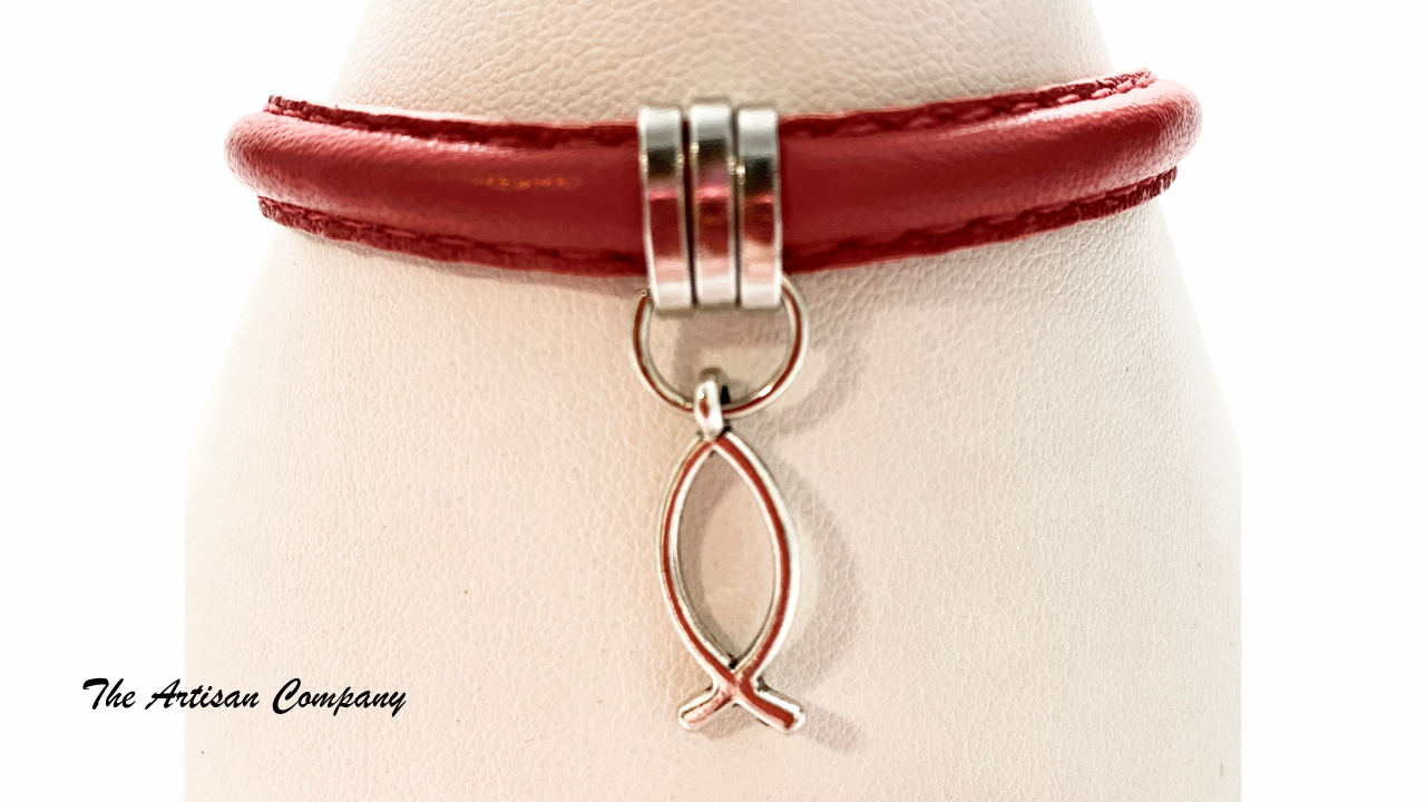 Red Leather Cord Bracelet with Fish