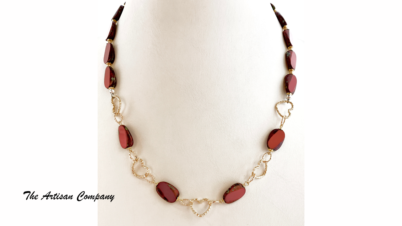 Red Travertine Table Cut Beads with Hearts Necklace & Earrings