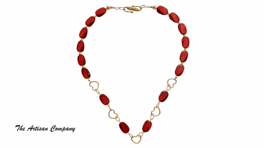 Red Travertine Table Cut Beads with Hearts Necklace & Earrings