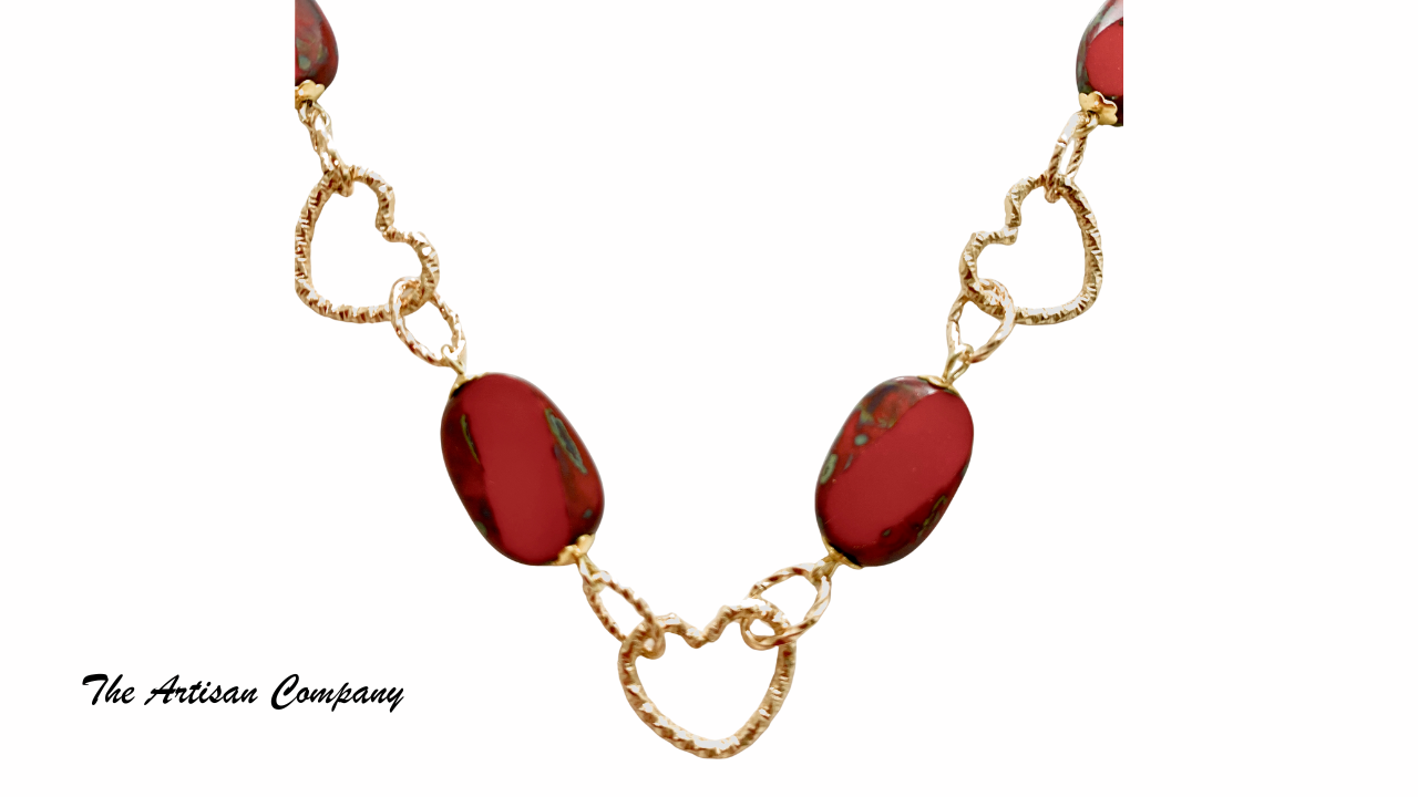 Red Travertine Table Cut Beads with Hearts Necklace & Earrings