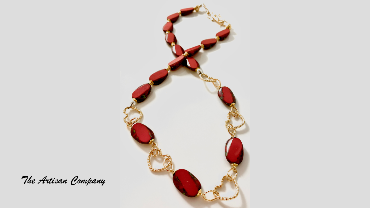 Red Travertine Table Cut Beads with Hearts Necklace & Earrings