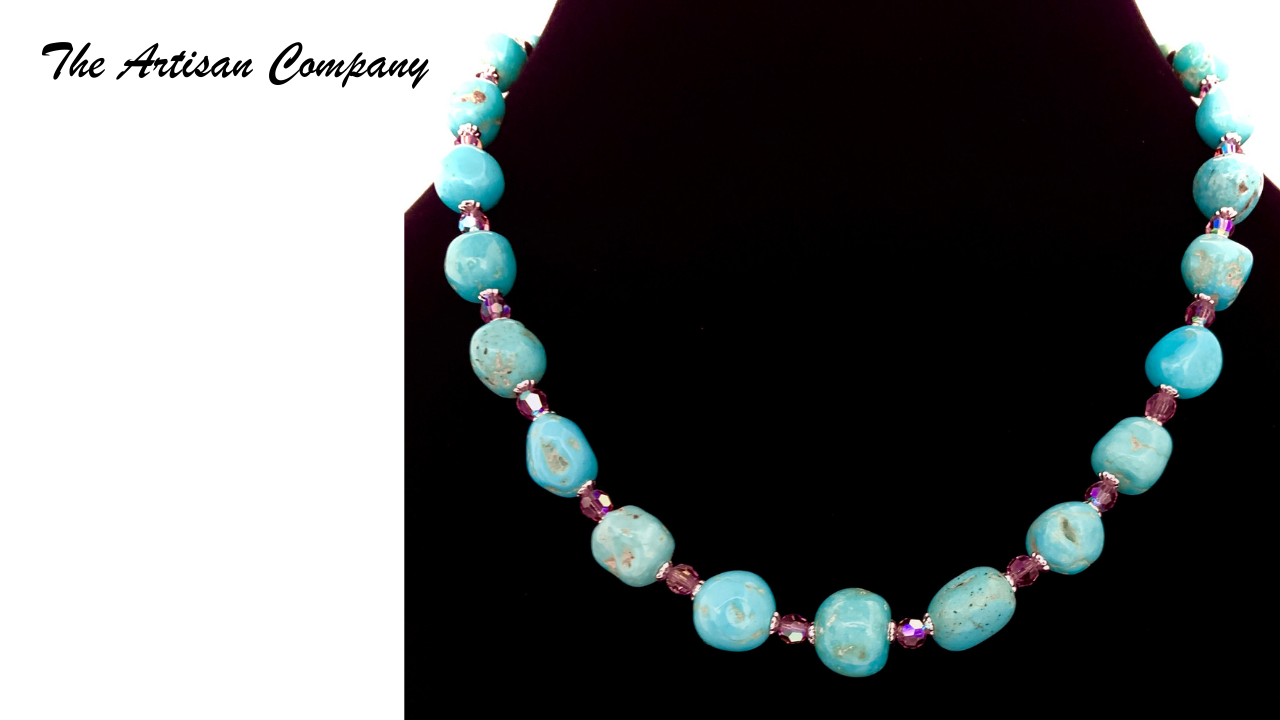 Sleeping Beauty Turquoise Nugget & Crystal Necklace w Earrings