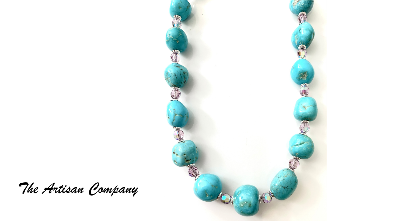 Sleeping Beauty Turquoise Nugget & Crystal Necklace w Earrings