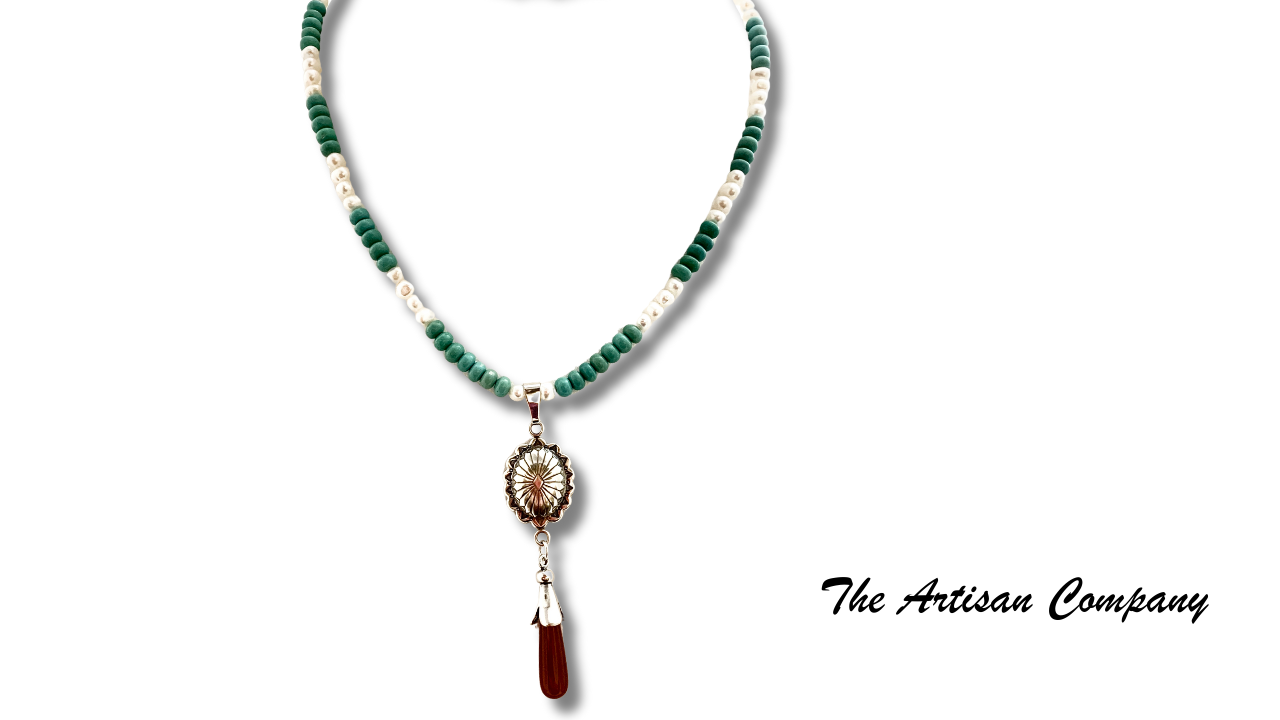 Sleeping Beauty Turquoise Necklace with Pearls and Carnelian Stone