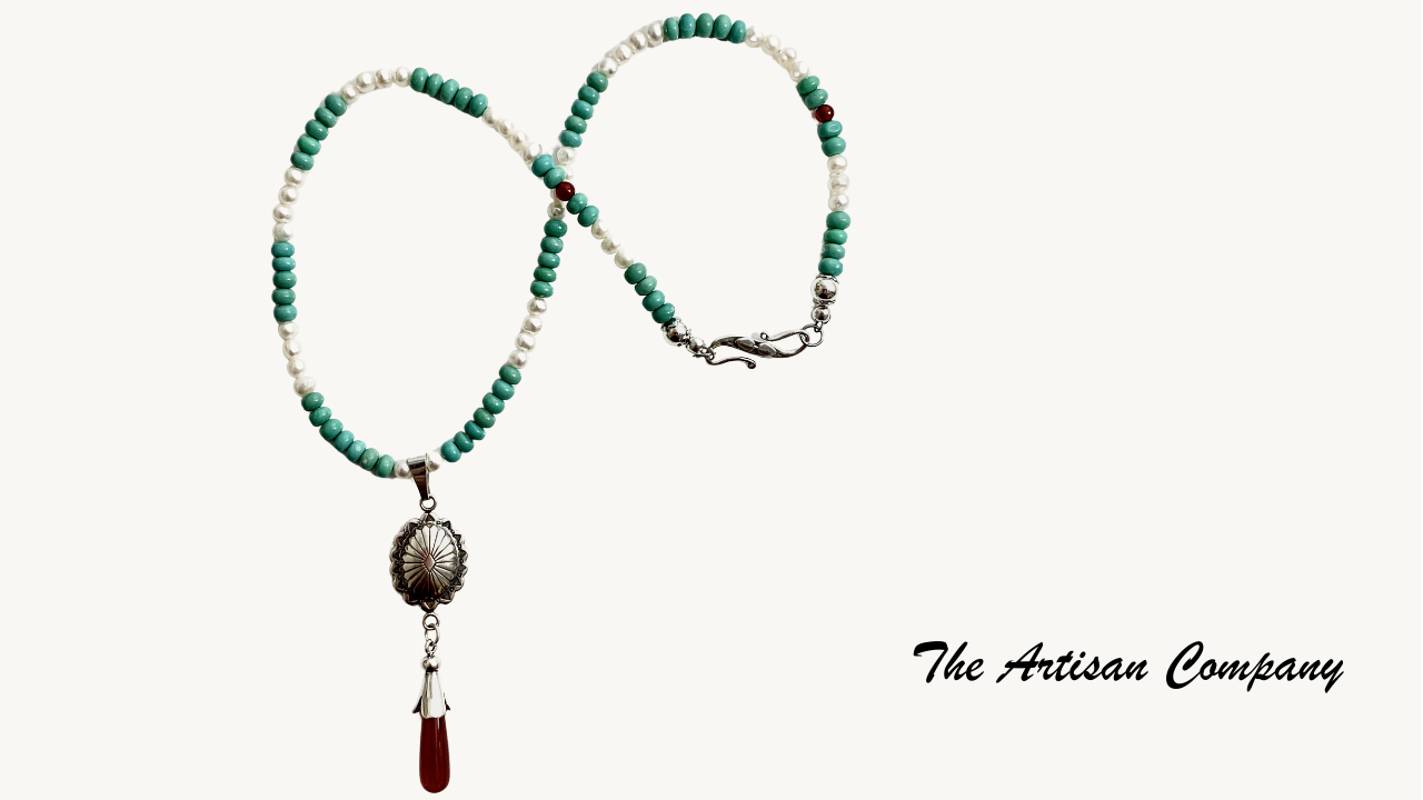 Sleeping Beauty Turquoise Necklace with Pearls and Carnelian Stone