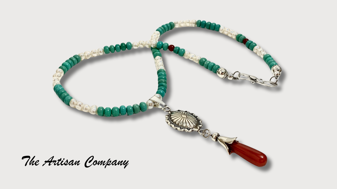 Sleeping Beauty Turquoise Necklace with Pearls and Carnelian Stone