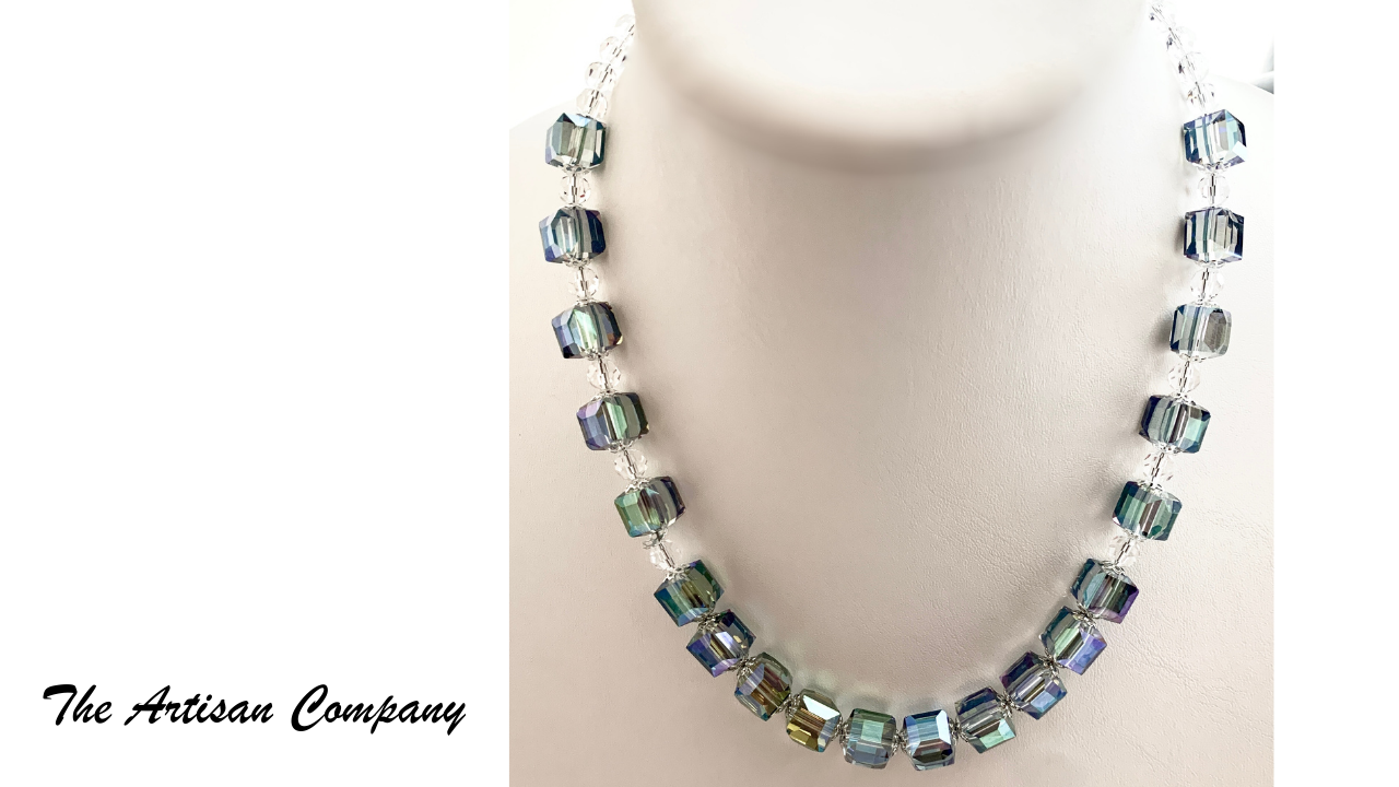 Sparkly Green Glass Cubed Necklace with Czech Crystal