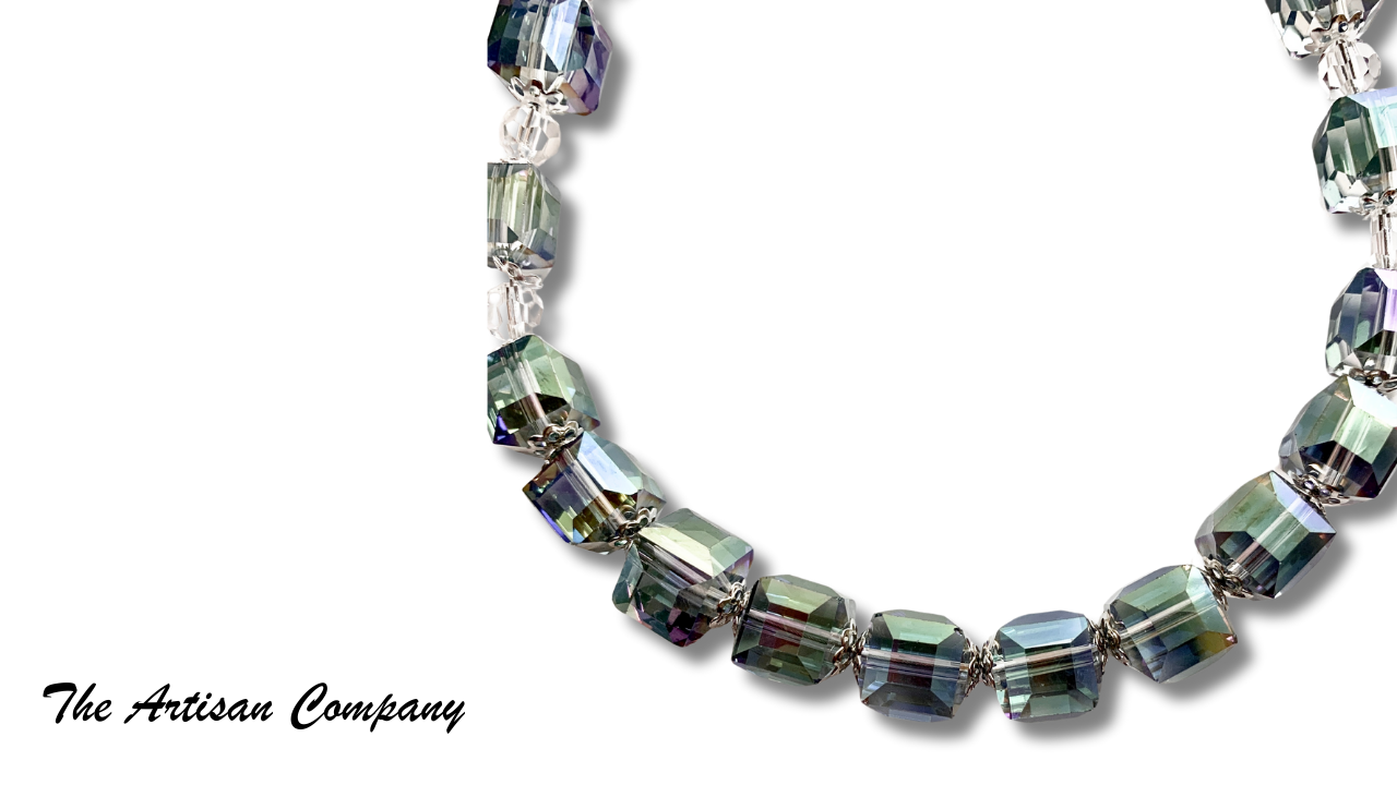 Sparkly Green Glass Cubed Necklace with Czech Crystal