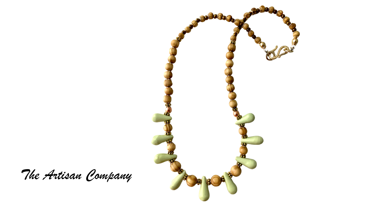 Spring Green Magnesite Stone & Pinewood Necklace